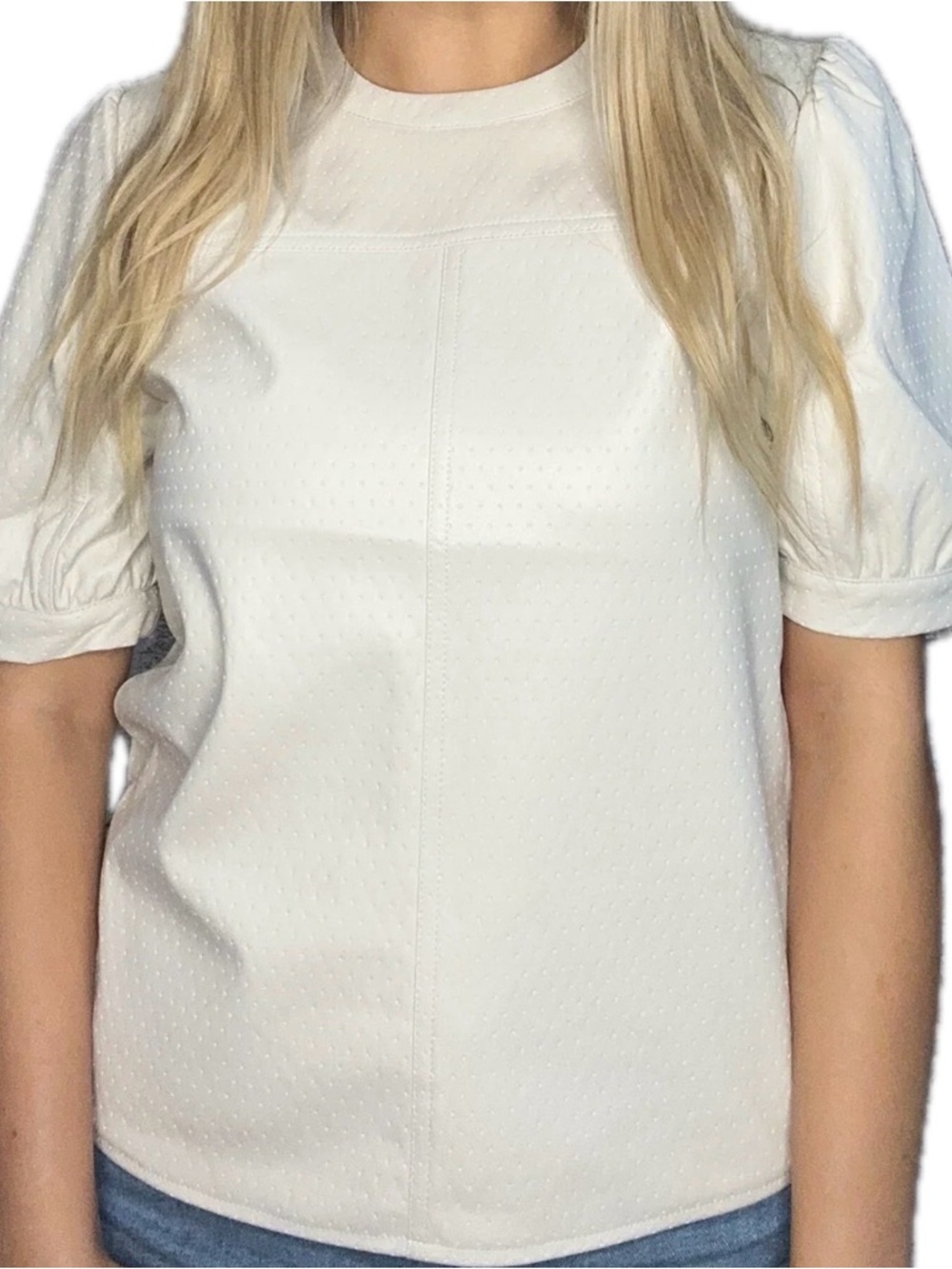Steve Madden White Puff Sleeve Dot Texture Tee